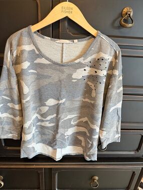 Gray Camouflage-Print Long Sleeve Tee with Stud Detail